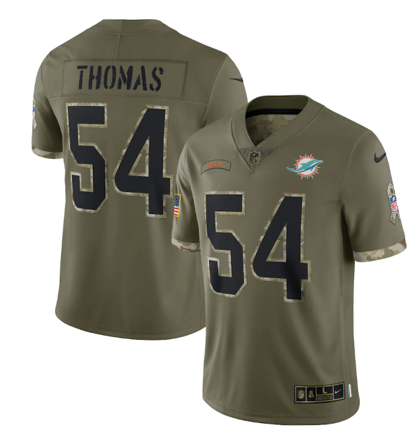 Men's Miami Dolphins #54 Zach Thomas Olive 2022 Salute To Service Limited Stitched Jersey